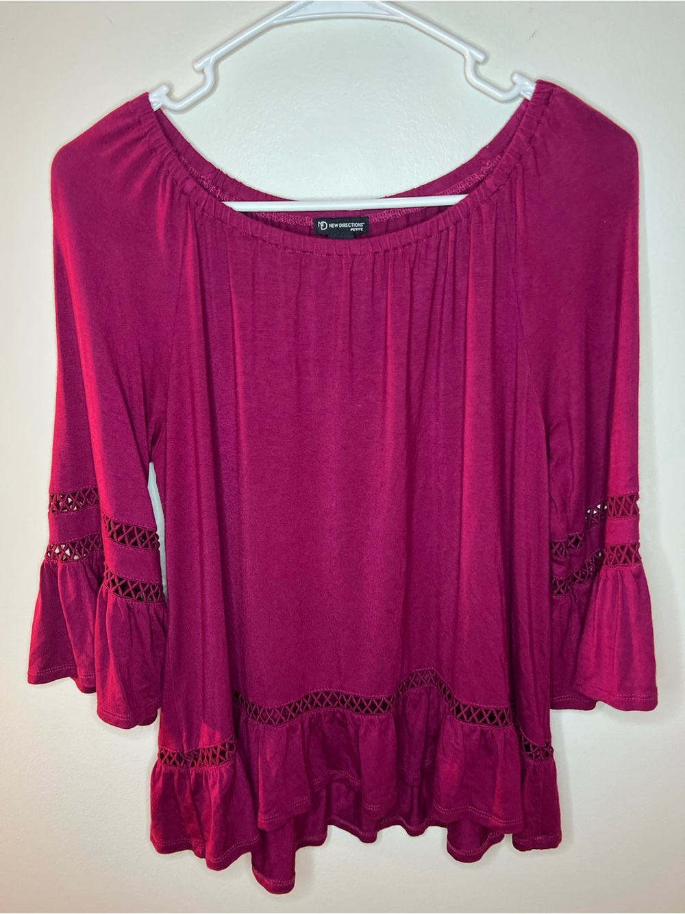 new directions Raspberry Magenta Crochet-Trim Bell Sleeve Blouse